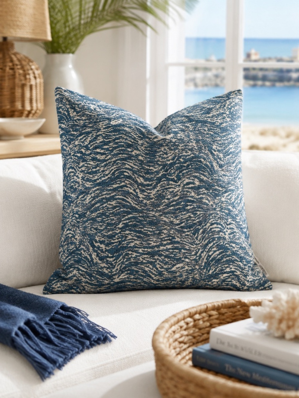 Sunbrella 20” Blue Ivory Textured Wave Pillow Cover Coastal Indoor Outdoor